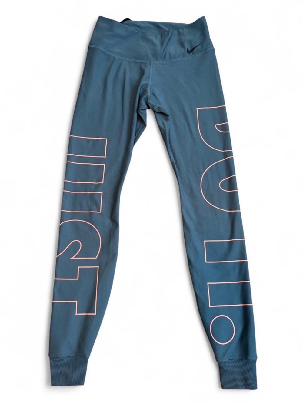 Nike Dri-Fit Just Do It Graphic Leggings Teal Blue Pink Coral Ribbed Cuff Small